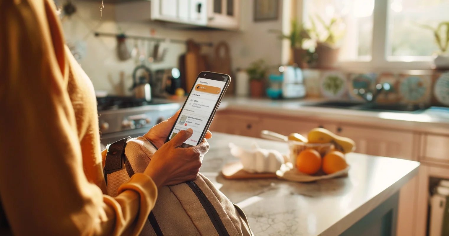 A mother's hands holding a phone showing her child's mobile-data dashboard, soft afternoon kitchen light, schoolbag on the counter