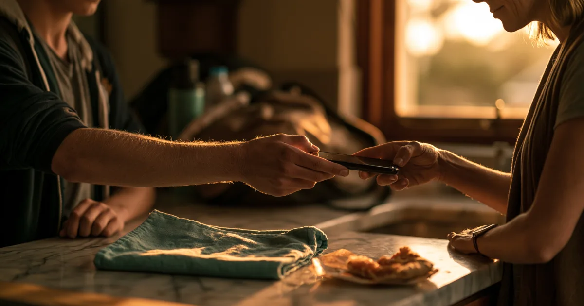 A teenager handing his smartphone to his mother across a marble kitchen counter at golden hour — schoolbag and water bottle behind, mint-teal tea towel folded on the counter